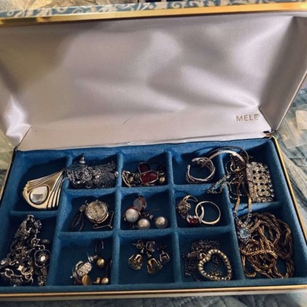 Vintage Mele Blue Scroll Jewelry Box Lot Estate Costume Rings Necklaces Earrings